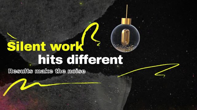 A glass bulb with a gold cap and a gold object inside on a black background with yellow and white text that says silent work hits
