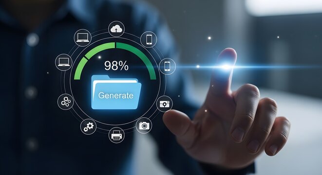 Hand touching virtual screen with progress bar and icons