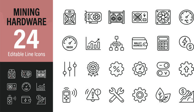 Crypto Mining Hardware Outline Icon Set 24 Editable Vector Graphics for Blockchain Technology Websites UI Design Dashboards and Fintech Mobile App Interface Elements Professional Collection