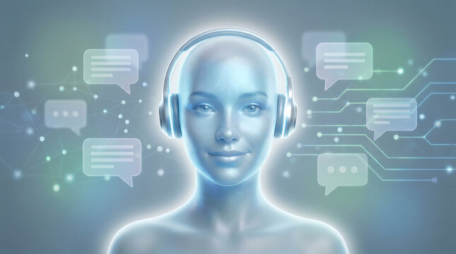 Artificial intelligence robot wearing headphones communicating with chatbots