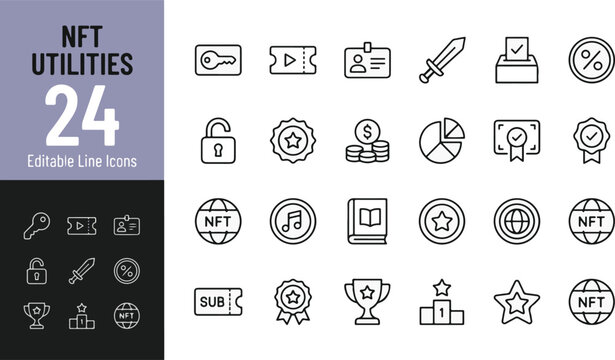 24 Professional NFT Utility Line Icons Set for Blockchain Web Development UI UX Interface Design Vector Collection for Digital Assets Marketplace Finance Platform and Crypto Business Projects