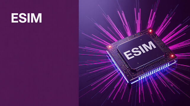 Futuristic esim microchip with digital mobile network concept and neon background