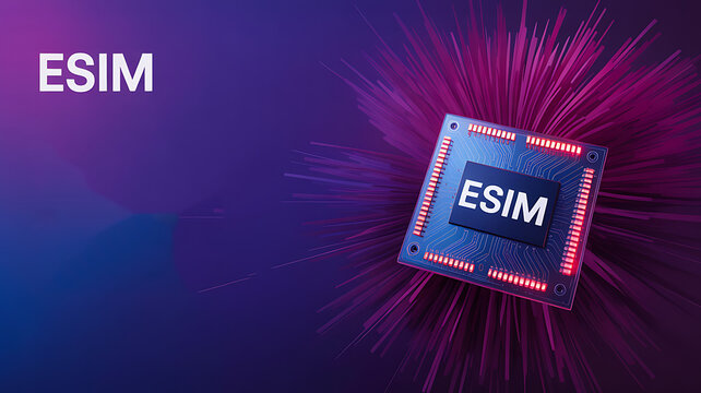 Futuristic esim microchip with digital mobile network concept and neon background