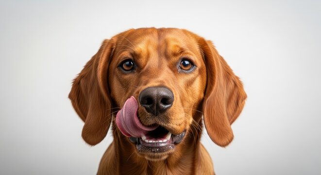 A lively scene of a red dog with floppy ears and a wagging tail, standing on a grassy field with a backdrop of trees and a clear blue sky, showcasing its playful nature.