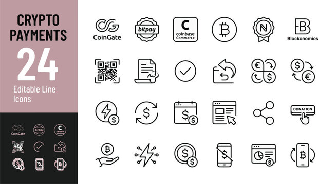 Crypto Payments Line Icon Set for Blockchain Fintech Apps, Digital Wallet Web Interfaces, Cryptocurrency Transactions, E-commerce Checkout, and Secure Online Payment Processing Vector UI Kit