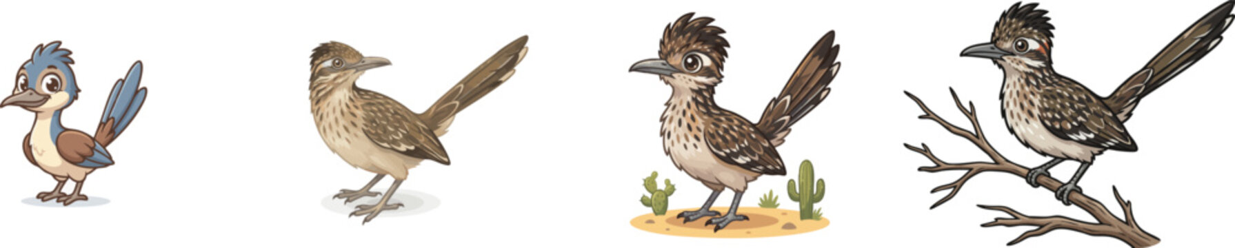 Realistic Road Runner Cute Bird, vector set isolated on white