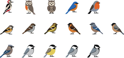 Flat bird icon set featuring colorful small songbirds and woodland species for wildlife apps education and nature design © MDNUR