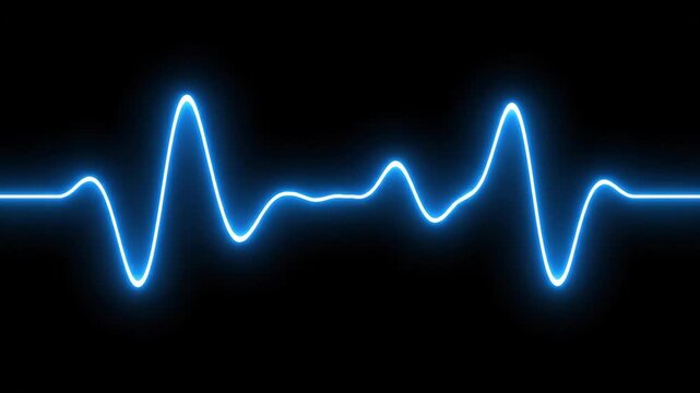 Blue neon waveform graphic displaying continuous sound wave progression with varying amplitude against a black background, illustrating audio frequency dynamics and visual rhythm