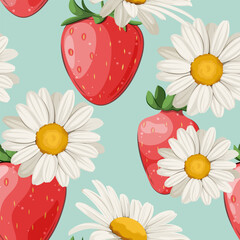 Summer seamless pattern with strawberries and daisies. Vector.  © Юлия Викленко
