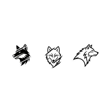 Three stylized wolf head illustrations in black and white.