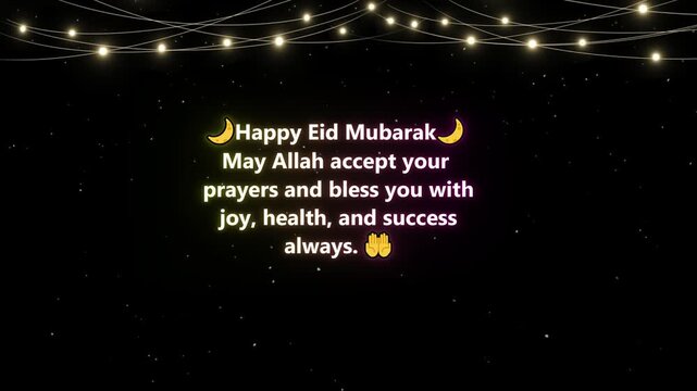 Vibrant eid mubarak celebration with colorful lanterns and candles on a black background with wishes for happiness and prosperity always