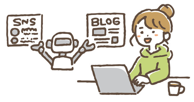 AIを活用してブログやSNS運営をする女性のイラスト。 / An illustration of a woman using AI to manage her blog and social media accounts.