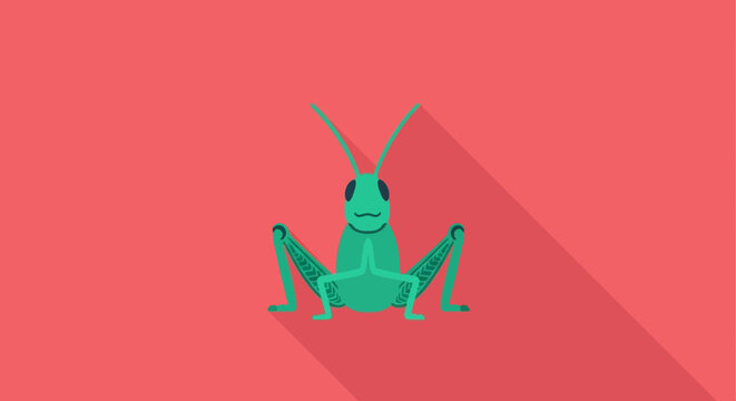 Green Grasshopper Insect Illustration, Flat Design, Long Shadow, Red Background