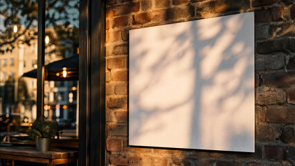 Fototapeta premium Title: Blank square poster mockup for cafe advertising on weathered brick wall with golden hour light and soft shadows