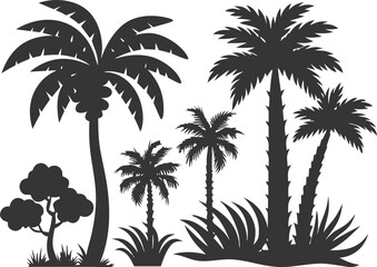 Naklejka premium Tropical Palm Trees and Jungle Plants Silhouette Elements Collection