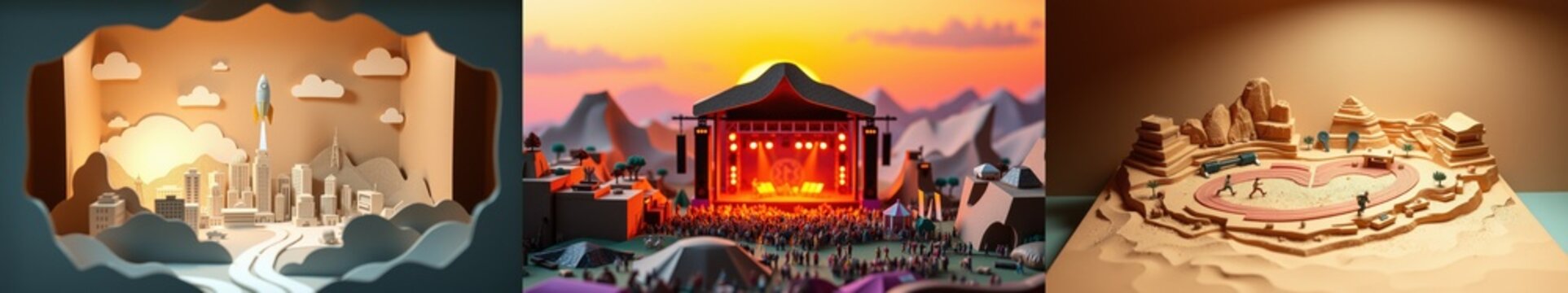 Papercraft scenes depict futuristic cities, concerts, ancient ruins. Detailed models showcase creative design, vibrant colors, artistic expression.
