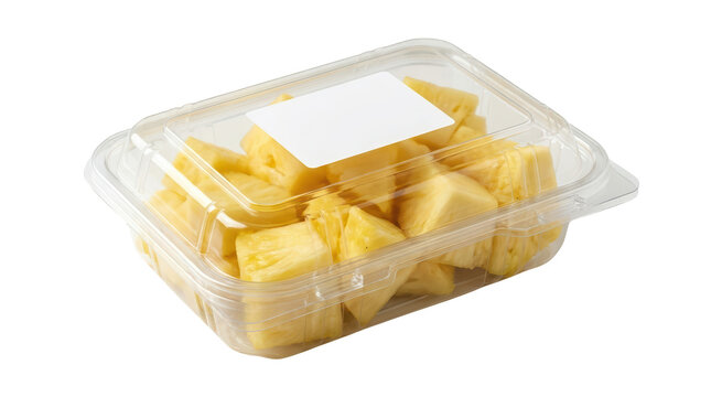 Freshly cut pineapple pieces in clear plastic container grocery store aisle food photography bright environment close-up qrq concept