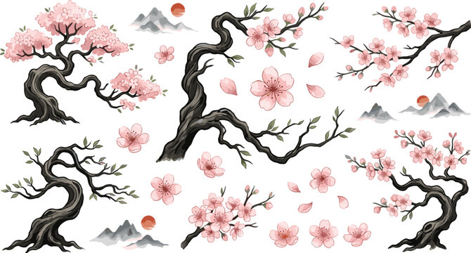 Traditional Japanese Cherry Blossom Sakura Tree and Branch Vector Collection Featuring Blooming Pink Flowers Falling Petals and Sumie Ink Wash Mountains