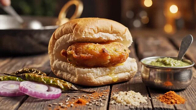 Fresh mumbai vada pav served with chutney and spices on a rustic wooden table in warm light.
