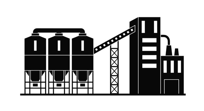 Black silhouette illustration of a modern industrial grain elevator and processing plant featuring multiple storage silos and an efficient loading system.