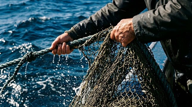 Fisherman firmly holds a tangled fishing net emerging from the dark, churning ocean surface on a bright, clear day at sea.