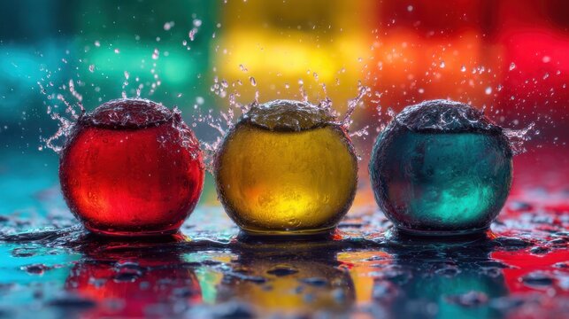 Three luminous spherical objects display colorful liquid dynamics amid splashing water droplets
