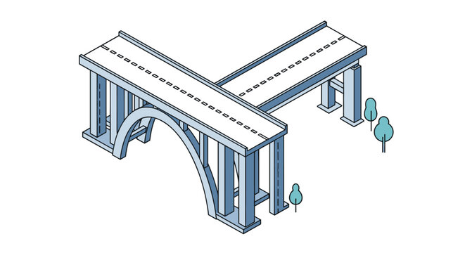 Architectural isometric view of a large concrete highway bridge with supporting arches and trees for infrastructure and urban design presentations.