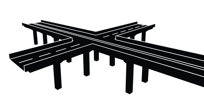 Large black silhouette of a complex multi-level highway interchange or overpass for modern transportation and infrastructure design presentations.
