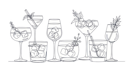 Cocktail Line Art Collection: Refreshing Drinks with Ice and Garnishes © gan