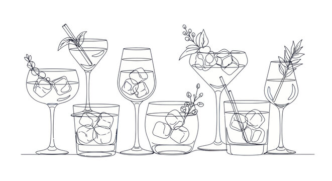 Cocktail Line Art Collection: Refreshing Drinks with Ice and Garnishes