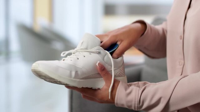 Woman Adjusting Orthodontic Insole Inside Shoe