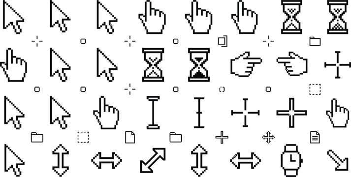 Hand drawn vector doodle set featuring multiple cute outline pixel mouse cursors arrows hands hourglass retro computer background,