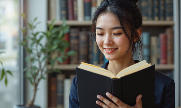 Woman reading book in library exploring knowledge for growth and learning in a calm and studious atmosphere