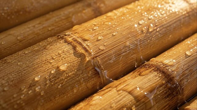 Next generation bamboo surface with water droplet texture highlighting natural renewable wood texture and sustainability warm close up composition