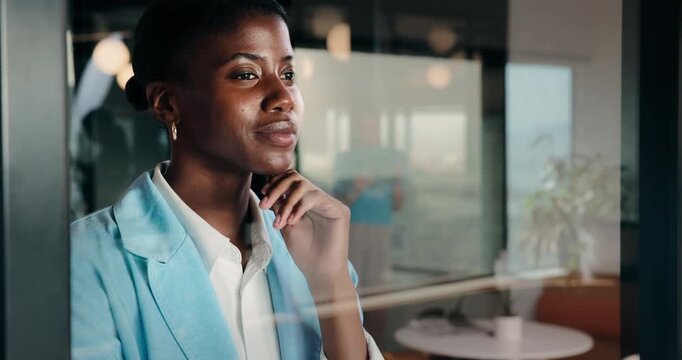 Thinking, businesswoman and smile in cafe, glass and brand manager with creative decision and ideas. Employee, reflection and person with marketing choice, remote work or planning for project in shop