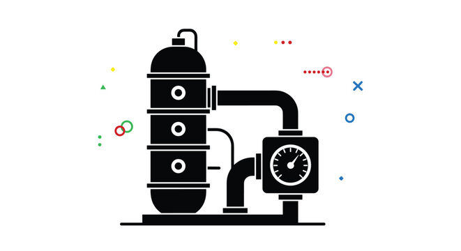 Silhouette of an industrial distillation column with pipes and a pressure gauge represents chemical processing or oil refinery operations.