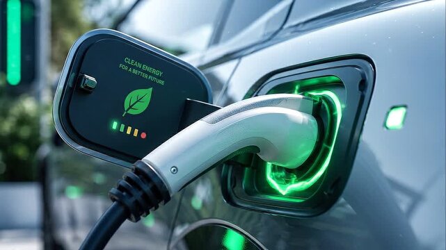 Electric car charging public station next generation sustainability clean energy connector green light plug connected to vehicle showing green leaf