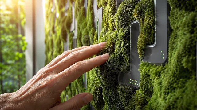 Next generation sustainability moss wall touched by human hand modern green interior evoking calm and connection to nature . next generation green