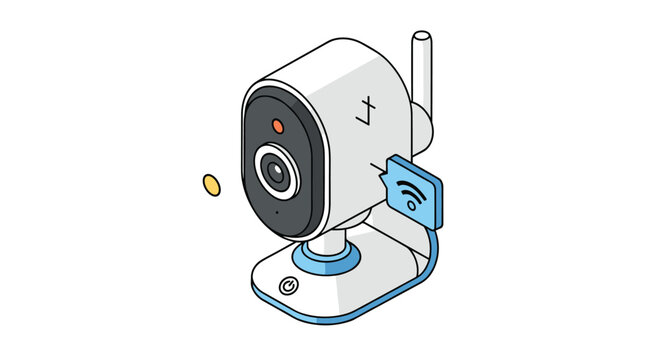 Isometric smart home security camera with an antenna and a Wi-Fi connection icon provides 24/7 surveillance and remote monitoring features.