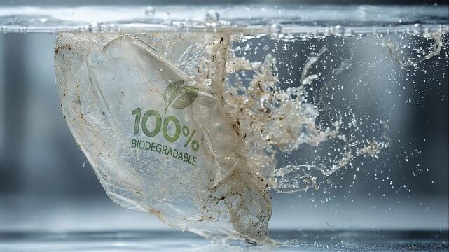 Next generation biodegradable bag floats in polluted water with debris and dramatic splash conveying ecology concern and plastic pollution impact