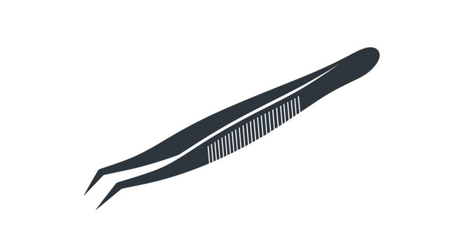 Simple black silhouette of a pair of precision tweezers is commonly used in medical, cosmetic, and craft applications for handling small items.