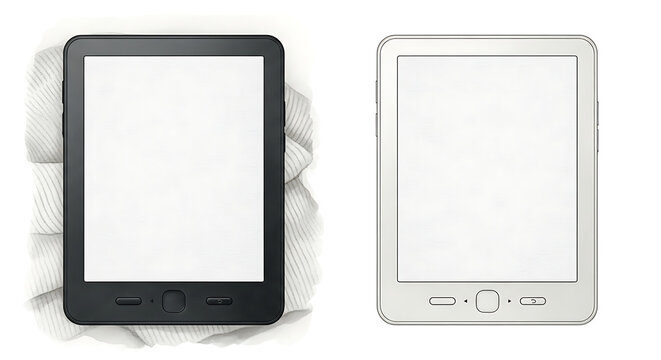 Black and white ebook reader devices with blank screens on white fabric background