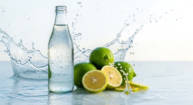 Refreshing bottle of water with limes and lemon slices, splashing water in studio setting. lata refresco
 