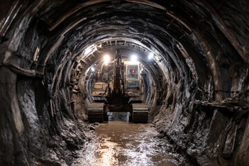Naklejka premium Excavator Digs Underground Tunnel Passage for Construction
