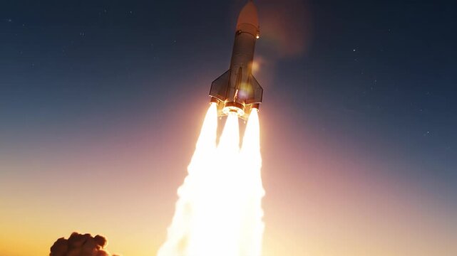 Rocket ascending through clouds with powerful flames erupting from engines against a vibrant sunset sky, showcasing the dynamic launch sequence in three distinct frames