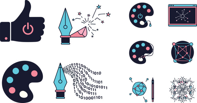 Digital art creation and generative AI design icon set with pen tool binary code color palette and tech creativity symbols for websites
