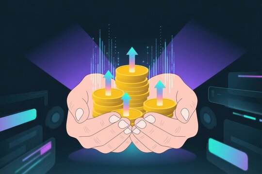Hands holding growing coins with upward arrows