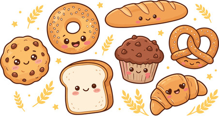 Cute kawaii bakery and bread vector icon collection with happy smiling cookie bagel toast loaf muffin croissant pretzel and wheat elements for kid design