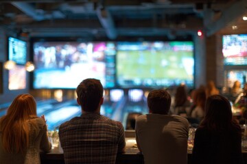 Fototapeta premium Friends Watching Live Sports at a Modern Bowling Alley