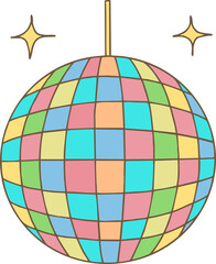 Obraz premium Cute colorful hanging disco ball with sparkling stars retro party decoration illustration isolated on white background, festive dance night and music event clipart vector design